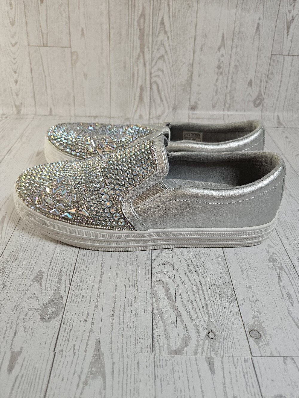 SKECHERS Street Memory Foam Rhinestone Slip-On Casual Shoes Silver US 9